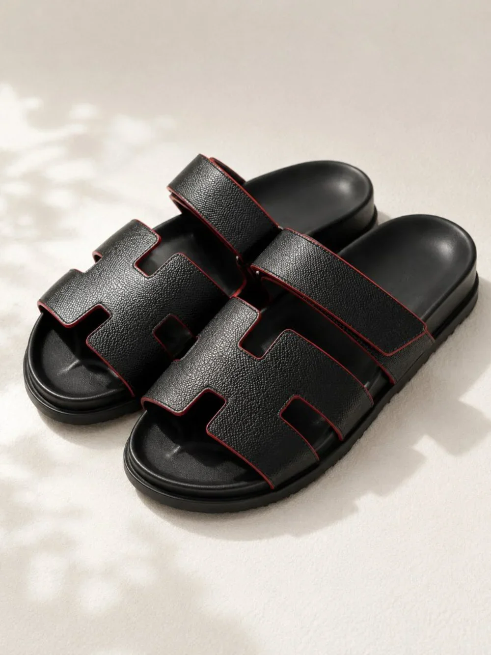Black Cutout Slide Sandals with Red Trim Adjustable Strap Size 44